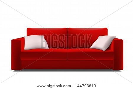 Realistic red sofa with white pillows. Isolated on white background. Vector interior element furniture.