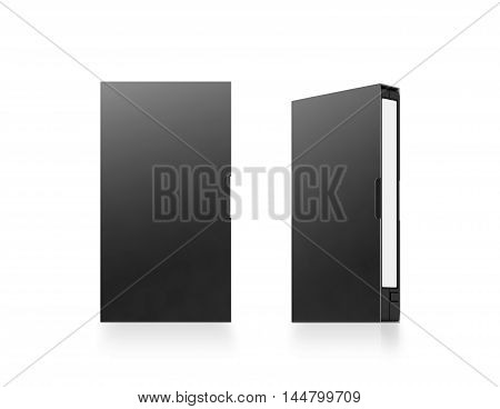 Blank black video cassette tape box mockup isolated 3d rendering clipping path. Clear vhs cassete case design mock up. Retro tv videotape cover template front side view. Analog movie casette copy
