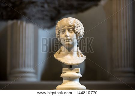ROME, ITALY - JUNE 12, 2015: Ancient bust of the woman in the baths of Diocletian in Rome. Italy