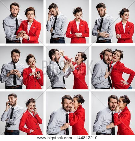 The vexed young businessman and businesswoman on gray background. The concept of relationship of colleagues.