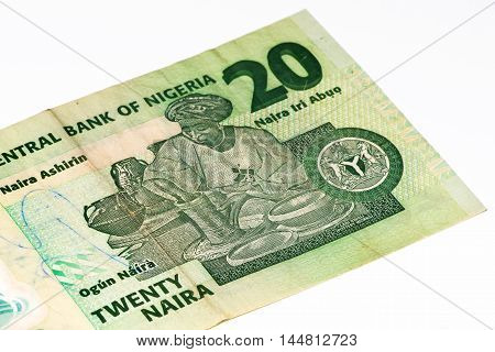 20 Nigerian naira bank note. Nigerian naira is the main currency of Nigeria