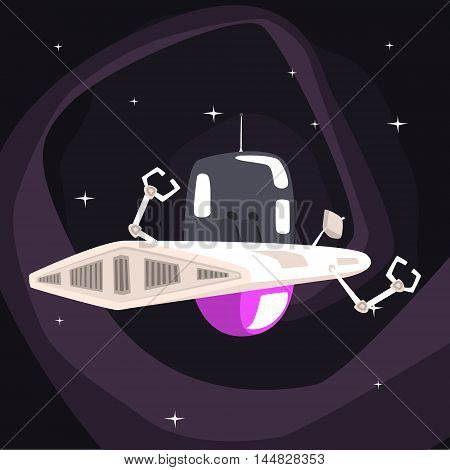 Alien Robotic UFO Spacecraft With Metal Arms On Dark Night Sky Background. Cool Colorful Cosmic Fantasy Vector Illustration In Stylized Geometric Cartoon Design
