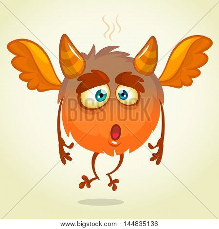 Cute cartoon flying monster surprised. Halloween vector fluffy orange monster