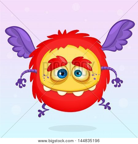 Cute cartoon flying monster. Halloween vector fluffy red monster