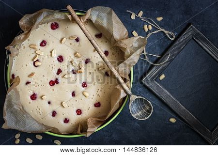 Homemade pie covered with apples, cinnamon, nuts Copyspace