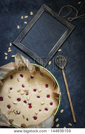 Homemade pie covered with apples, cinnamon, nuts Copyspace