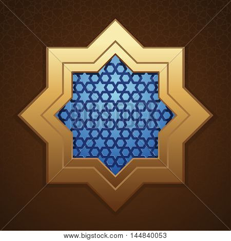 Background mosque window with arabic pattern. Template for Ramadan greeting card. Vector illustration