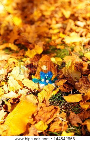 Beautiful felting elf in the autumn leaves