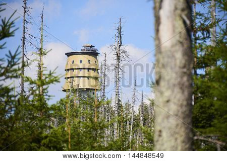 National Park Sumava, Czech Republic - AUGUST 28, 2016 - Polednik viewing tower, Meridian hill, the Bohemian Forest. Forests around the destroyed during the storm Kyrill.