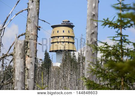 National Park Sumava, Czech Republic - AUGUST 28, 2016 - Polednik viewing tower, Meridian hill, the Bohemian Forest. Forests around the destroyed during the storm Kyrill.