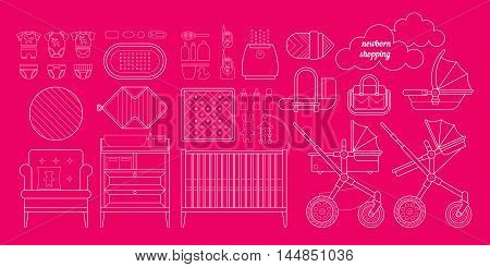 Newborn essentials shopping list. Vector baby stuff for a newborn. The plan purchases for a newborn. Baby buy set. Cribs, baby stroller, childrens clothing, toys and other baby stuff for a newborn.