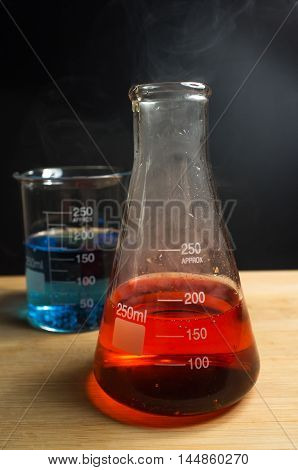 Close up glass measuring beaker for science experiment background
