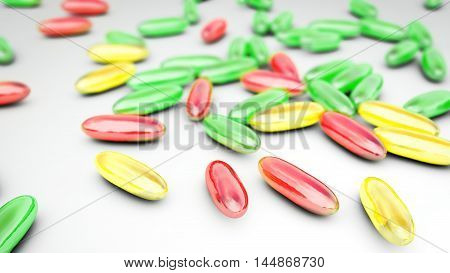Mixture of pills, 3D illustration. Can be used in pharmacology and medicine