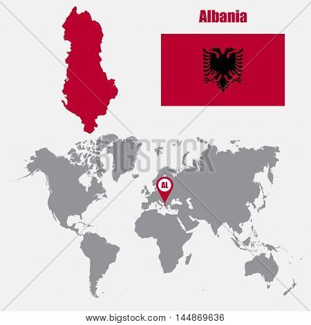 Albania map on a world map with flag and map pointer. Vector illustration