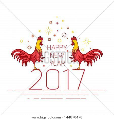 Chinese New Year 2017 rooster design template on white background. Logo symbol for eastern calendar. Greeting card with red cocks. Vector illustration.