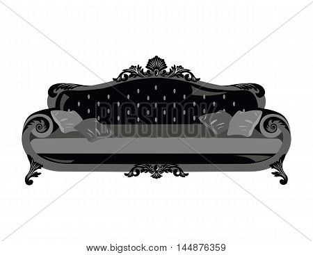 Vintage sofa Vector. Rich carved ornaments furniture. Vector Victorian Style couch. Black color sketch