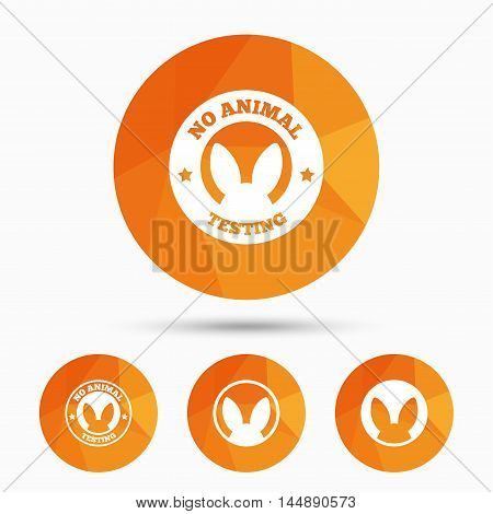 No animals testing icons. Non-human experiments signs symbols. Triangular low poly buttons with shadow. Vector