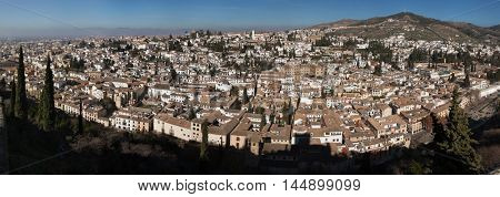 GRANADA, SPAIN - JANUARY 12, 2016: Panorama of El Albayzin district in Granada, Andalusia, Spain, pictured from the Torre del Cubo in the Alacazaba Fortress. 