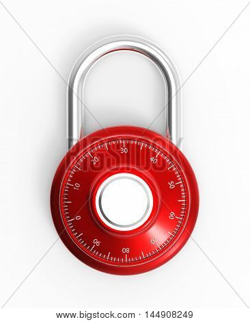 Illustration of Red 3D locked combination chrome pad lock on a white background