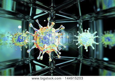 A virus with reflections, 3D illustration which can be used for medicine and biology
