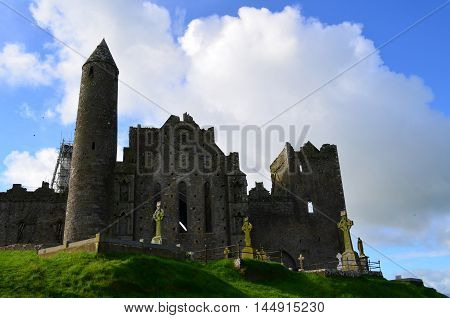 Rock of Cashel on the top of a hill in Ireland.