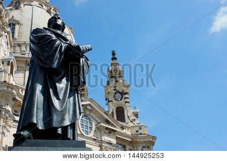 Martin Luther monument in front of Frauenkirche cathedral in Dresden Germany
