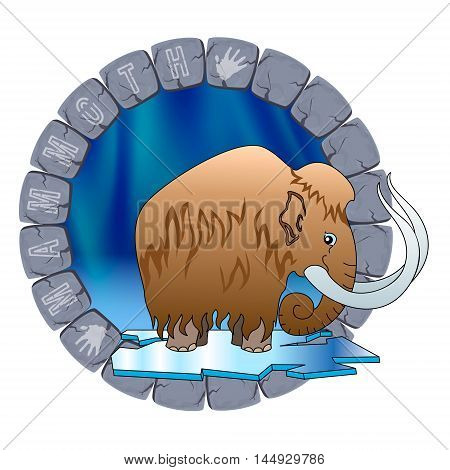 The mammoth, standing on the ice, on the background of the Northern lights in the stone circle