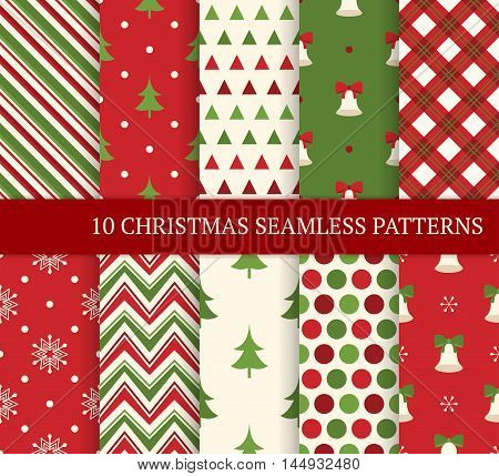 Ten Christmas different seamless patterns. Xmas endless texture for wallpaper web page background wrapping paper and etc. Retro style. Bells snowflakes and christmas trees