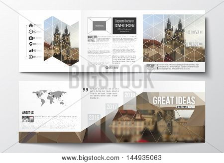 Vector set of tri-fold brochures, square design templates with element of world map. Polygonal background, blurred image, urban landscape, cityscape of Prague, modern triangular texture