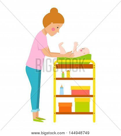 Young mother vector character and young mother happy parent. Newborn face young mother lifestyle cheerful motherhood. Young family portrait. Mother and baby