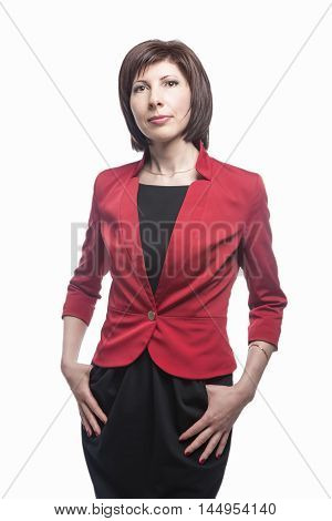 Young Caucasian Business Woman Natural Portrait. Posing Against White. Vertical Image Orientation