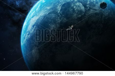 Spacecraft and unexplored planet. Elements furnished by NASA