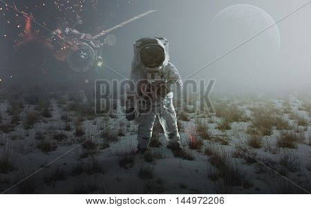 Astronaut walking on an unexplored planet. Elements furnished by NASA