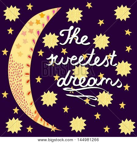 Vector childlike illustration of a night sky with moon and stars decorated with ornament and augmented with a sign. Children theme wallpaper and cover for books magazines and products.