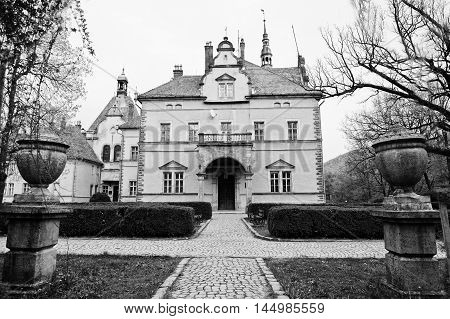 Entrance Schonborn Hunting Castle In Carpaty,transcarpathia,ukraine.  Built In 1890. Black And White