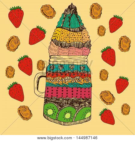 Hand drawn vintage illustration of parfait in special jar decorated with strawberries and corn flakes. Food and confectionery theme illustration. Decoration of catering and kitchens.