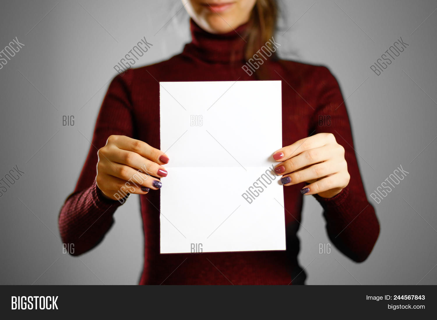 woman showing blank image photo free trial bigstock blank flyer paper