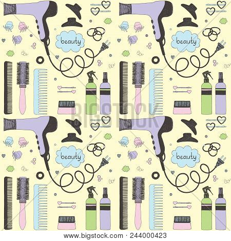Salon Beauty Care Seamless Pattern. Colored Hand Drawn Set Of Hair Styling. Hair Dryer, Hairbrushes,