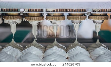 Confectionery Factory. Zephyr And Marshmallows Production Line Machine, Close-up