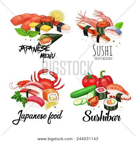 Vector Banners Japanese Food For Design Asian Cuisine Promotion Design. Sushi Bar Illustration.