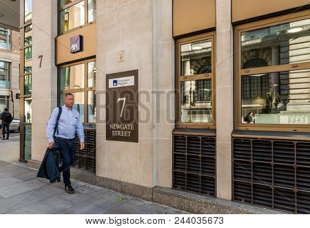 London. May 2018. A View Of The Outside Of The Axa Investment Office In The City Of London.