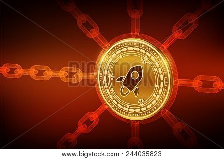 Stellar. Crypto Currency. Block Chain. 3d Isometric Physical Stellar Coin With Wireframe Chain. Bloc