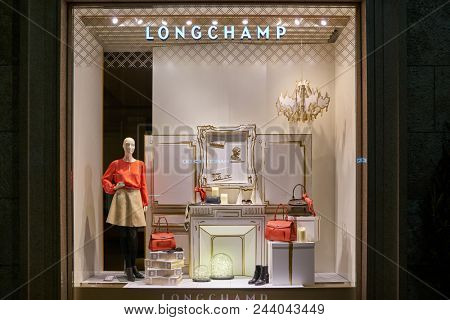 MILAN, ITALY - CIRCA NOVEMBER, 2017: display window at a Longchamp shop in Milan. Longchamp is a French luxury leather goods company.