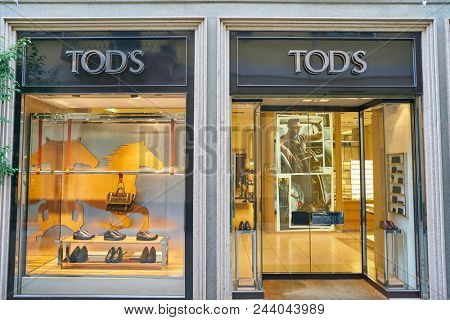MILAN, ITALY - CIRCA NOVEMBER, 2017: shopfront of a Tod's shop in Milan.