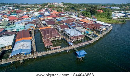 Aerial View Of Water Village Known As Patau Patau In Labuan Pearl Of Borneo,malaysia.its A One Of Fa