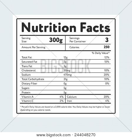 Label Showing Nutrition Facts And Weight With Various Micronutrients And Servings On Light Blue Back