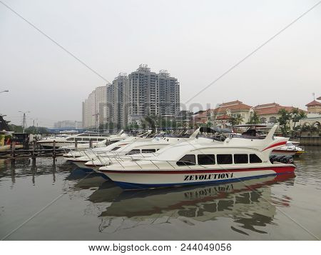 Jakarta, Indonesia - March 26, 2017: Speedboats Docking At Ancol Marina.