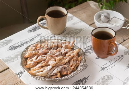 Angel Wings Biscuits, A Traditional European Sweet Dish For Carnival. Rustic Style, Selective Focus.