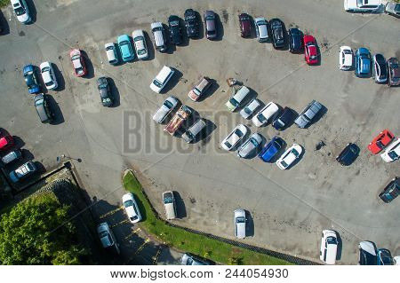 Labuan,malaysia-june 7,2018:aerial View Of Cars Parking In Area Carpark Water Village Known As Patau