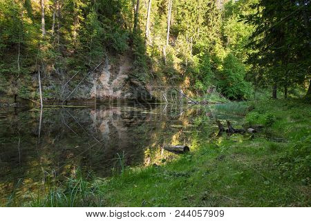 City Cesis, Latvia, Red Rocks And Water. View From Foodbridge. 2018